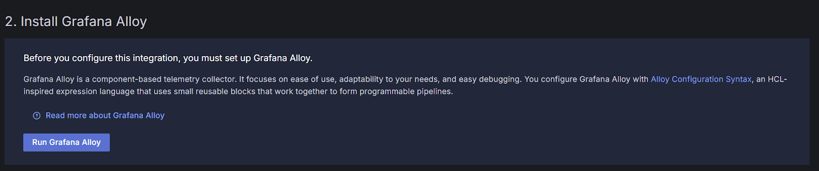 A screenshot of the installation page for Grafana Alloy.