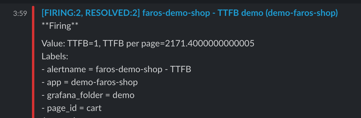 A screenshot of an alert about TTFB.