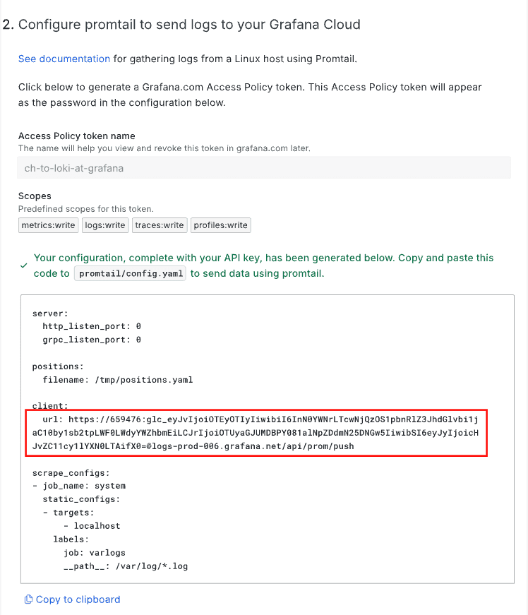 The token for the hosted Loki server