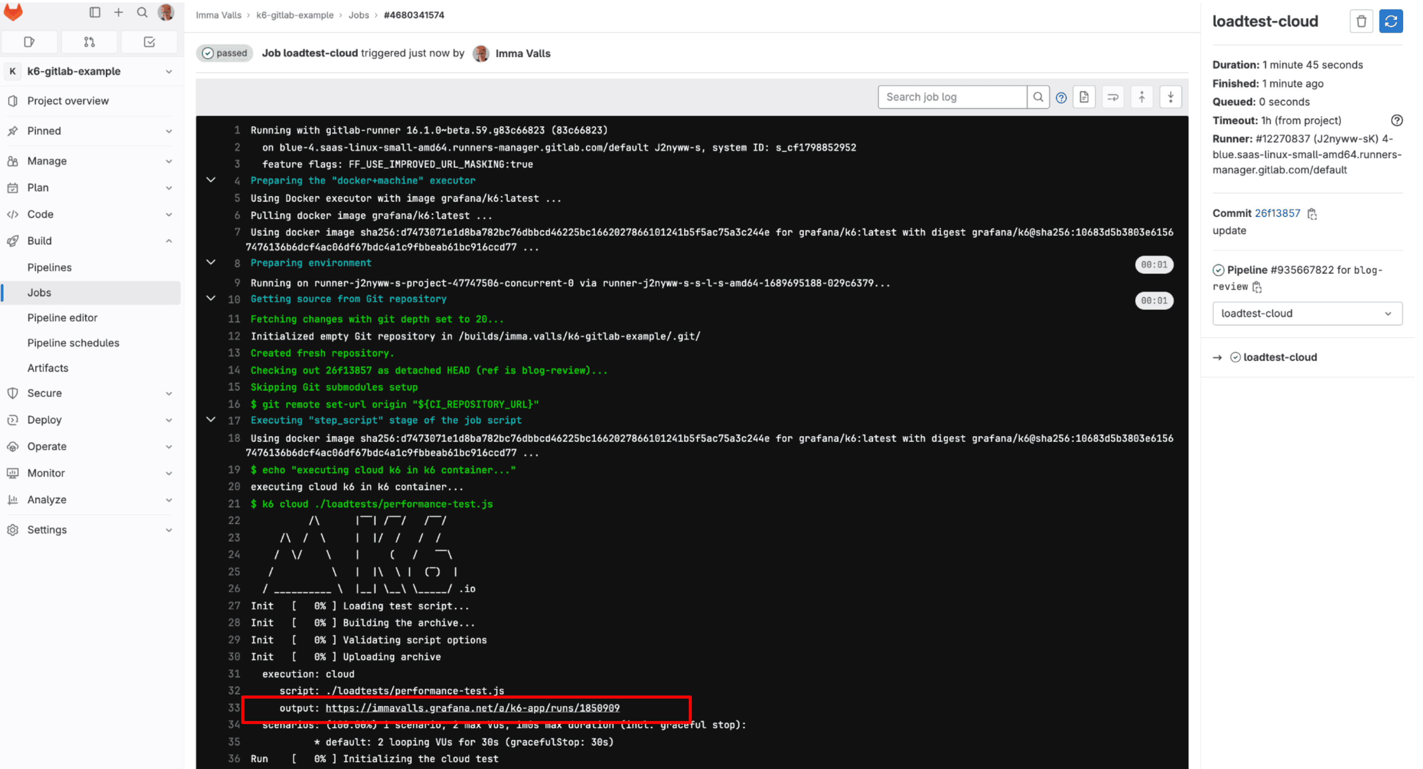 GitLab job running a k6 cloud test.