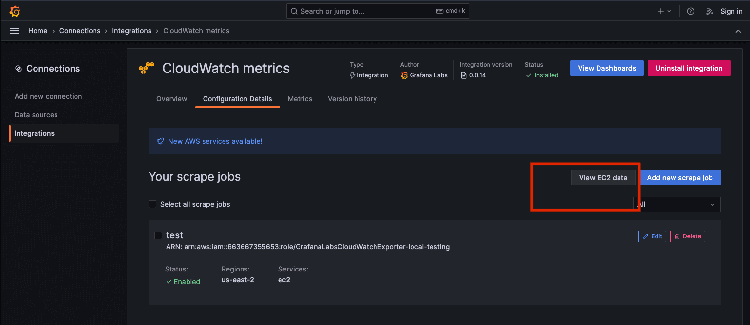 A screenshot showing how to use the View EC2 data button