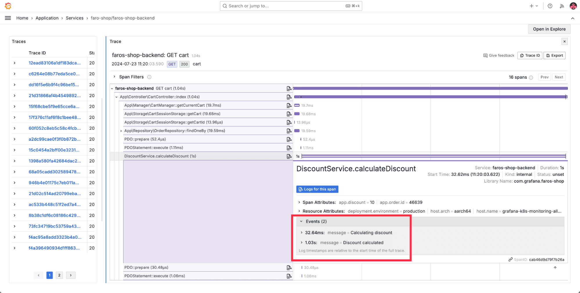 A screenshot of the trace that was recorded.