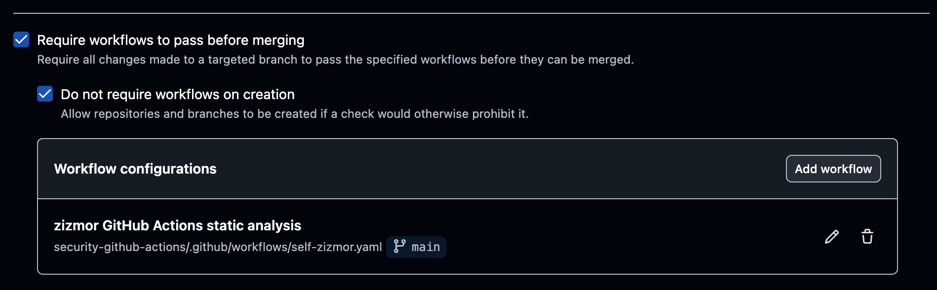 GitHub Branch Ruleset configuration for zizmor workflow