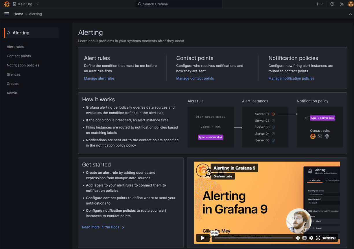 Screenshot of landing page for Grafana Alerting