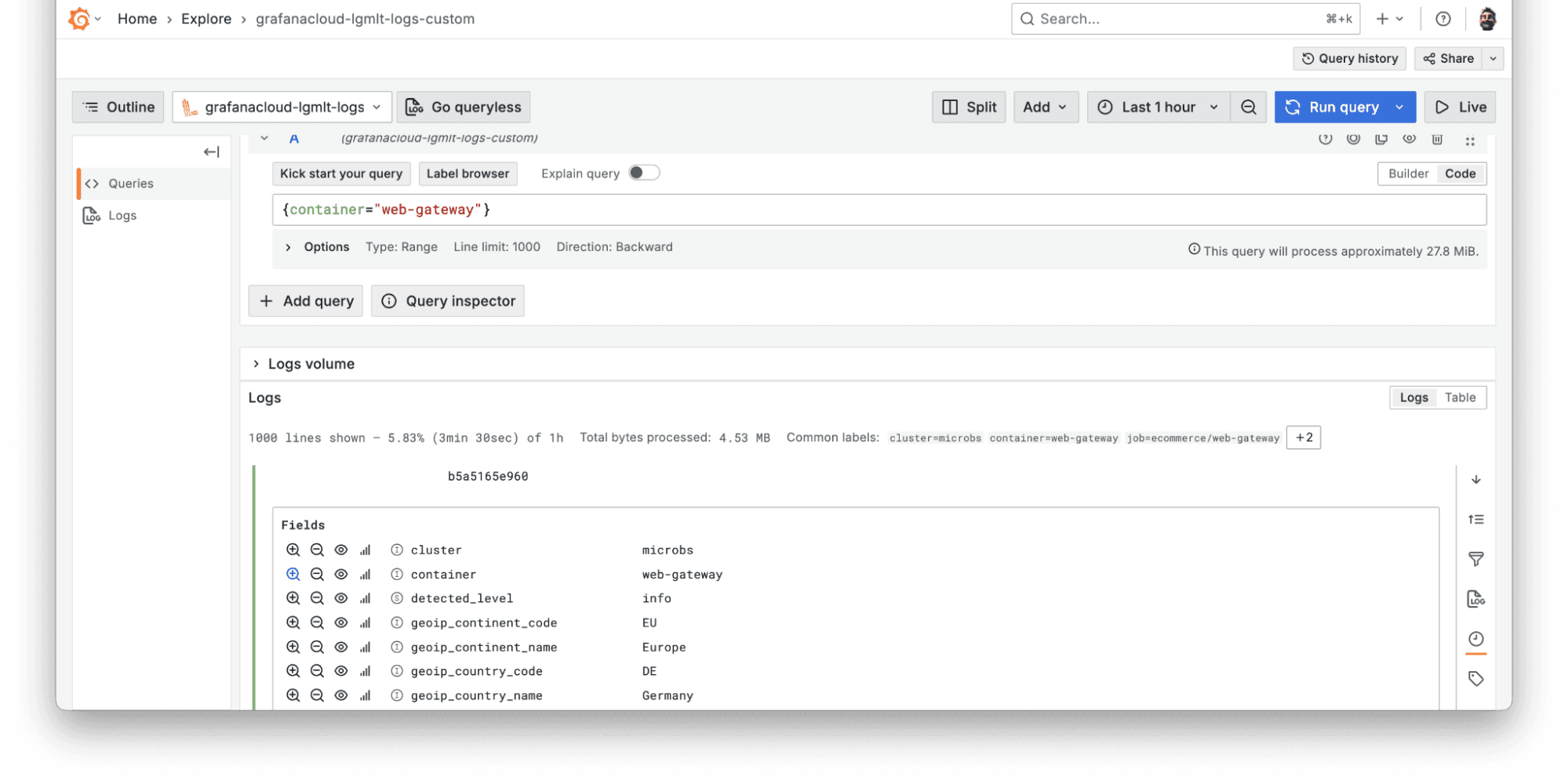 A screenshot showing geographic metadata alongside log data.