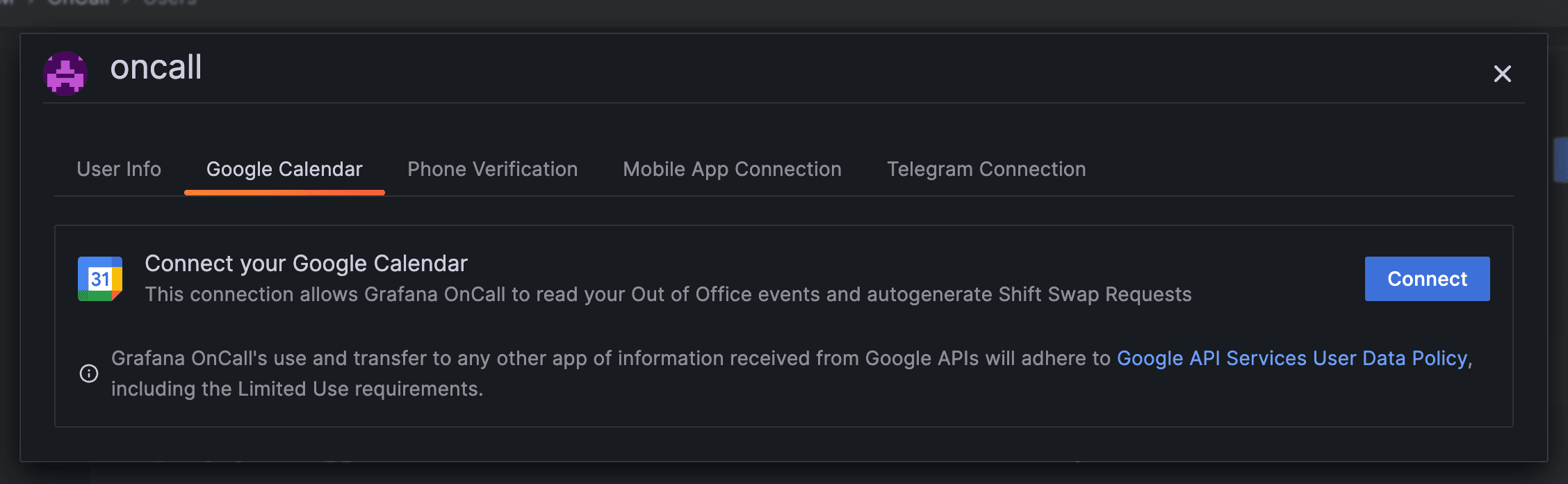 Google Calendar tab in Grafana OnCall asking to connect with the services