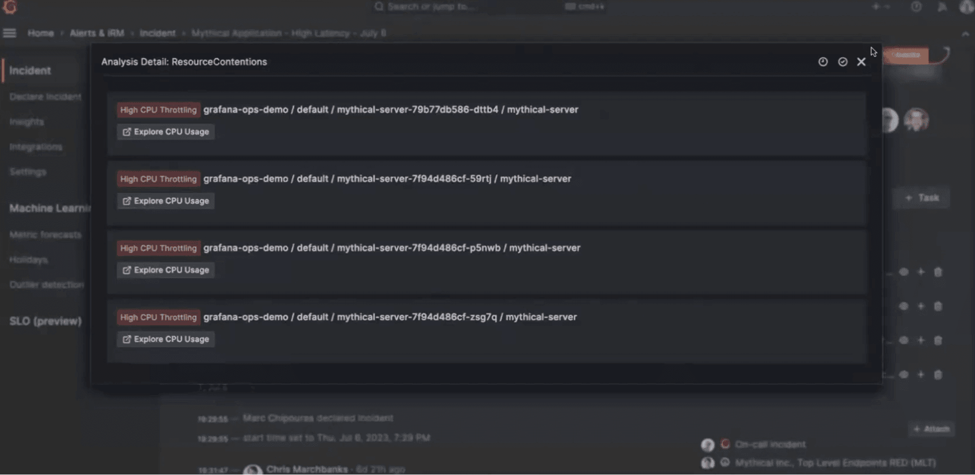 A screenshot from Grafana Cloud shows a list of resource cententions flagged by Sift.