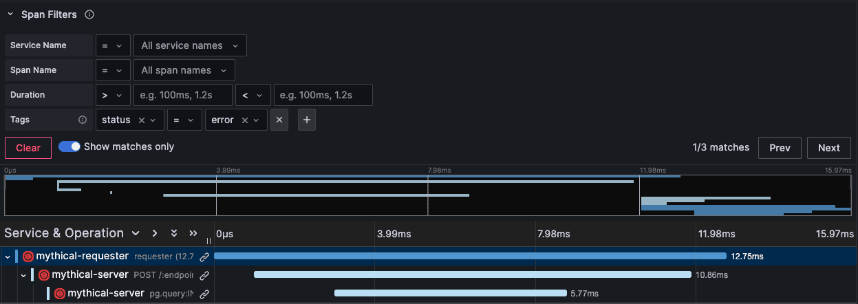 The Show matches only toggle is turned on in this span filter view.