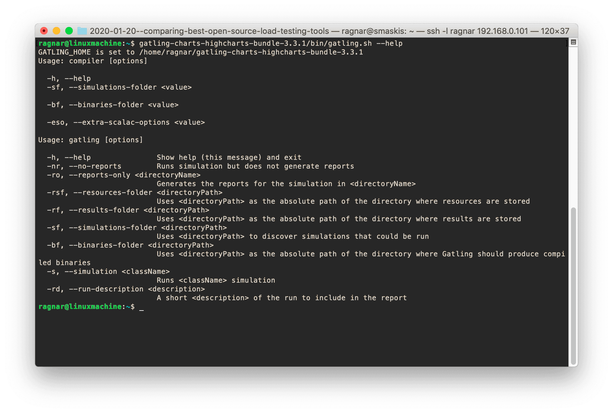 A screenshot of a Gatling help output