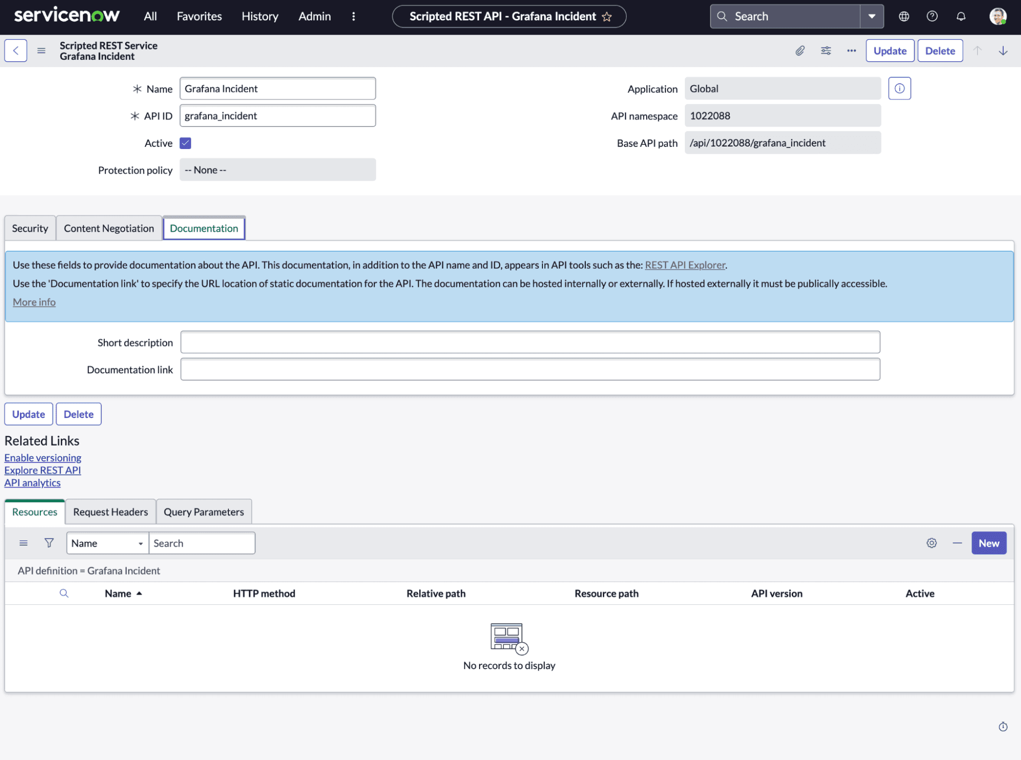 A screenshot of the Scripted REST Service being created in ServiceNow