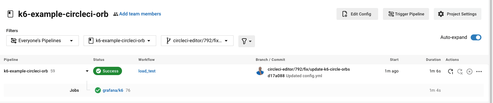 CircleCI successful execution of a performance test.