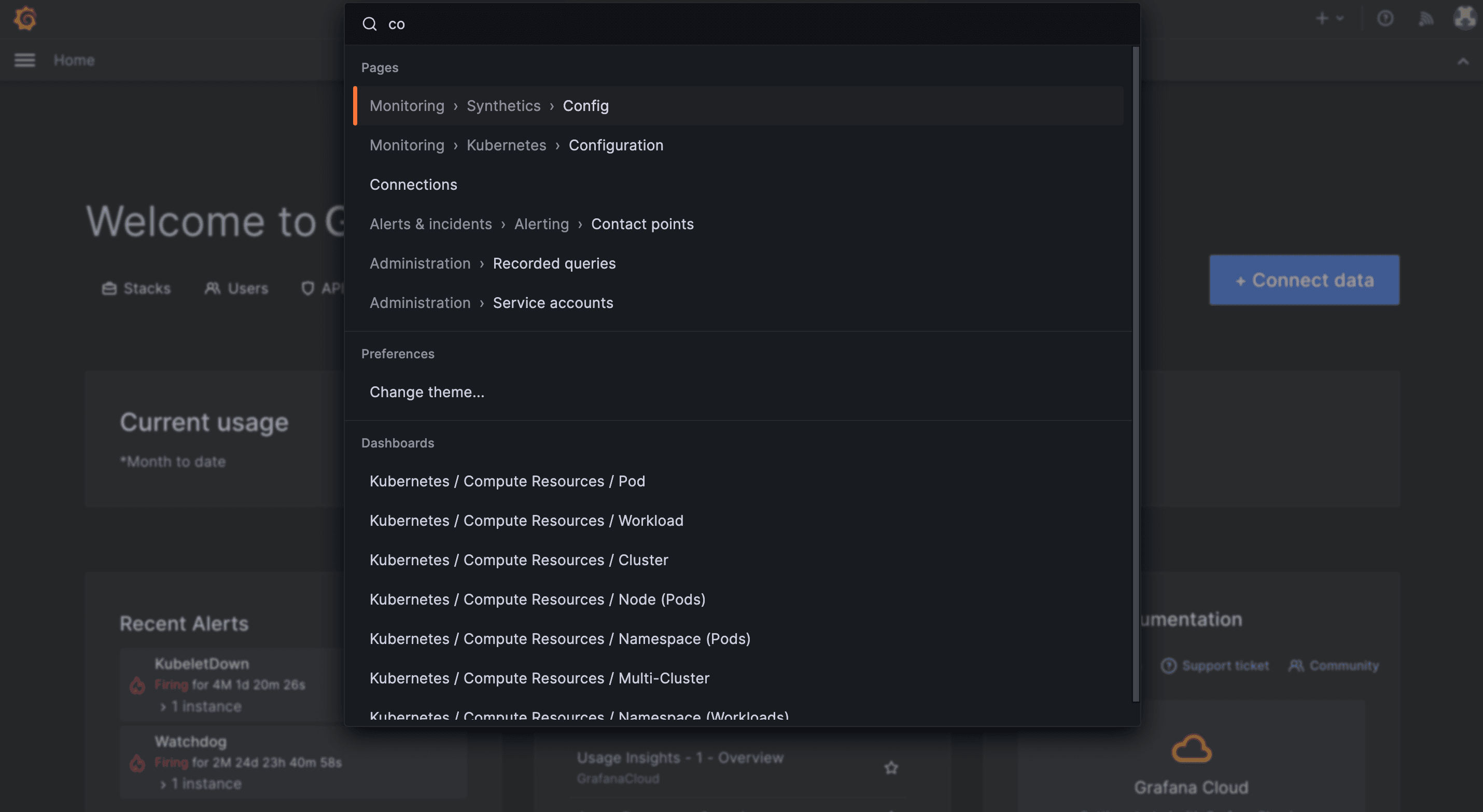 Screenshot of the command palette in the Grafana Cloud UI.