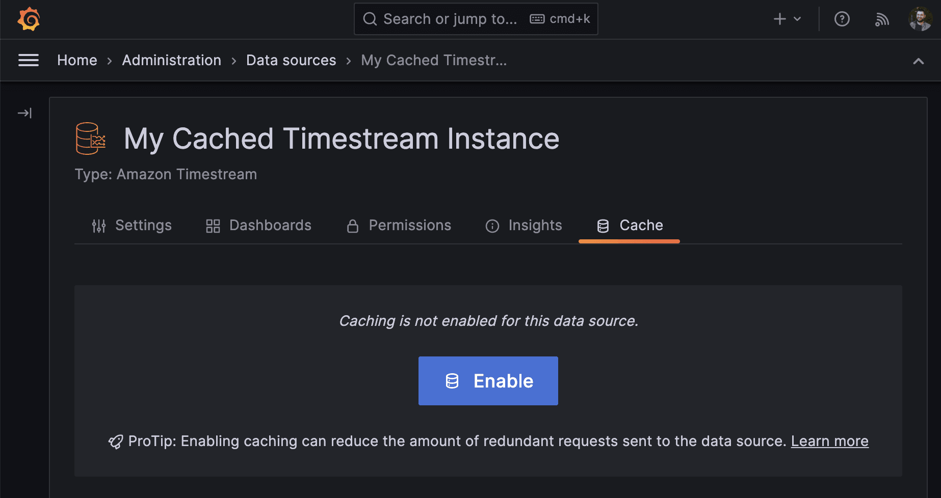 Screenshot of Grafana UI for setting up caching.
