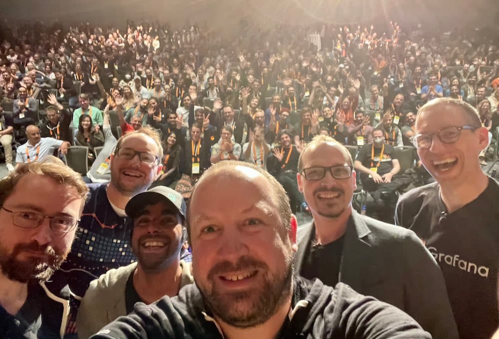 Photo of Grafana's Big Tent podcast hosts and the Grafana Labs founders at GrafanaFest 2022.