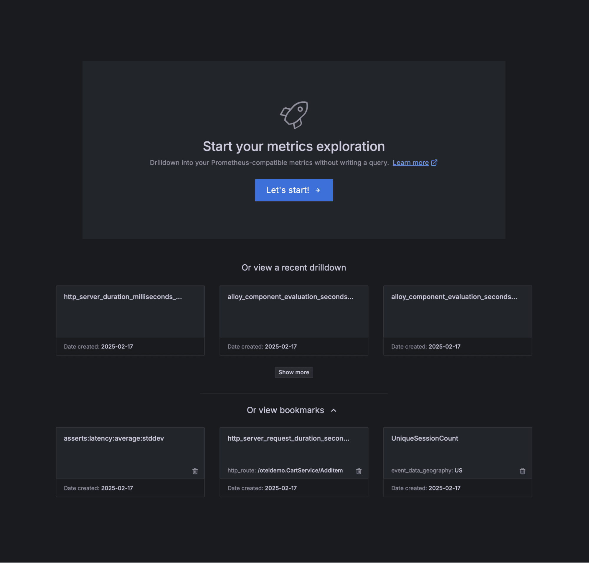 Start your metrics exploration page in the UI
