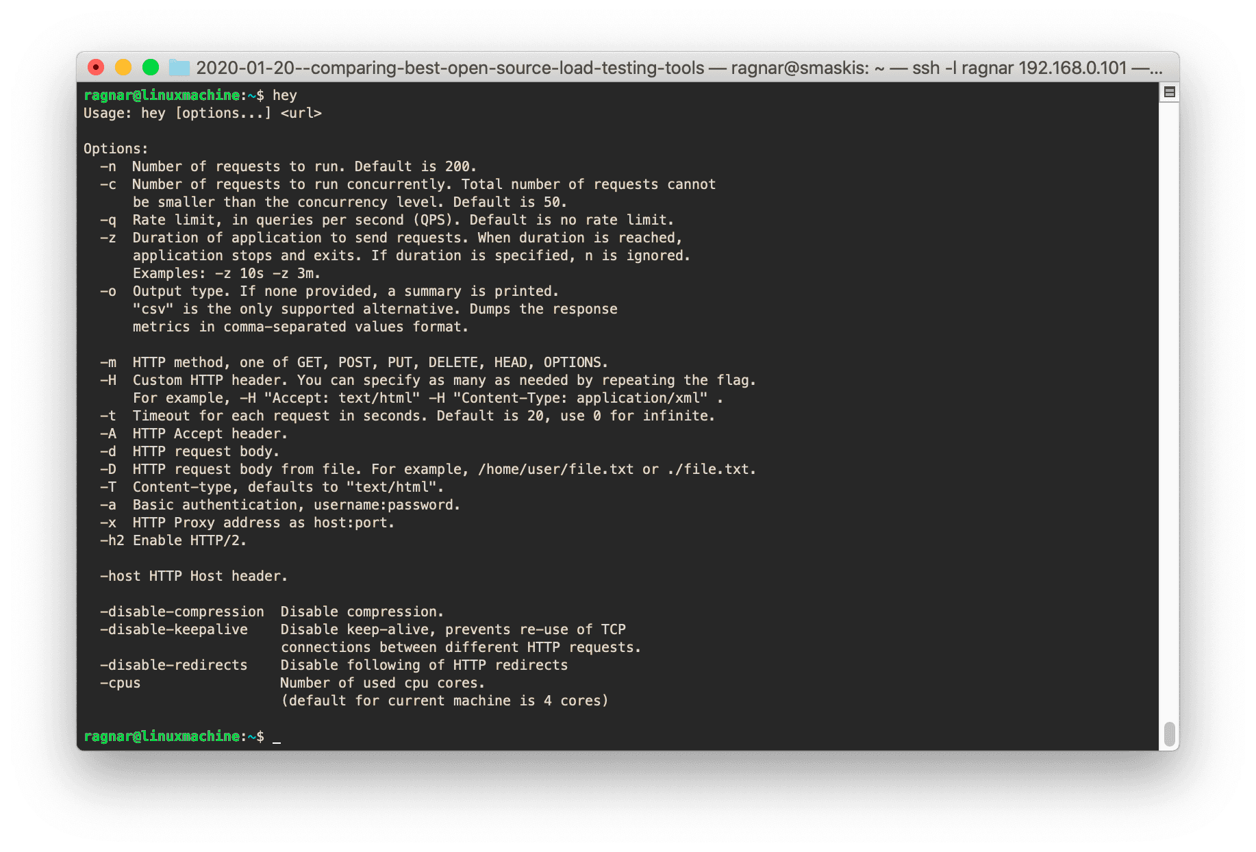 A screenshot of the Hey help output