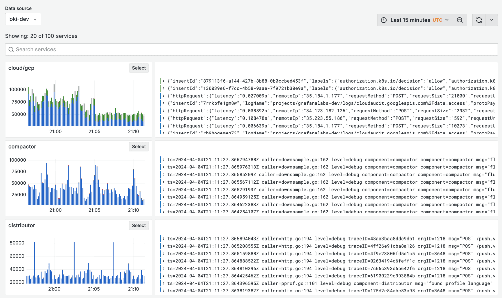 Service log volumes and a preview of recent log lines