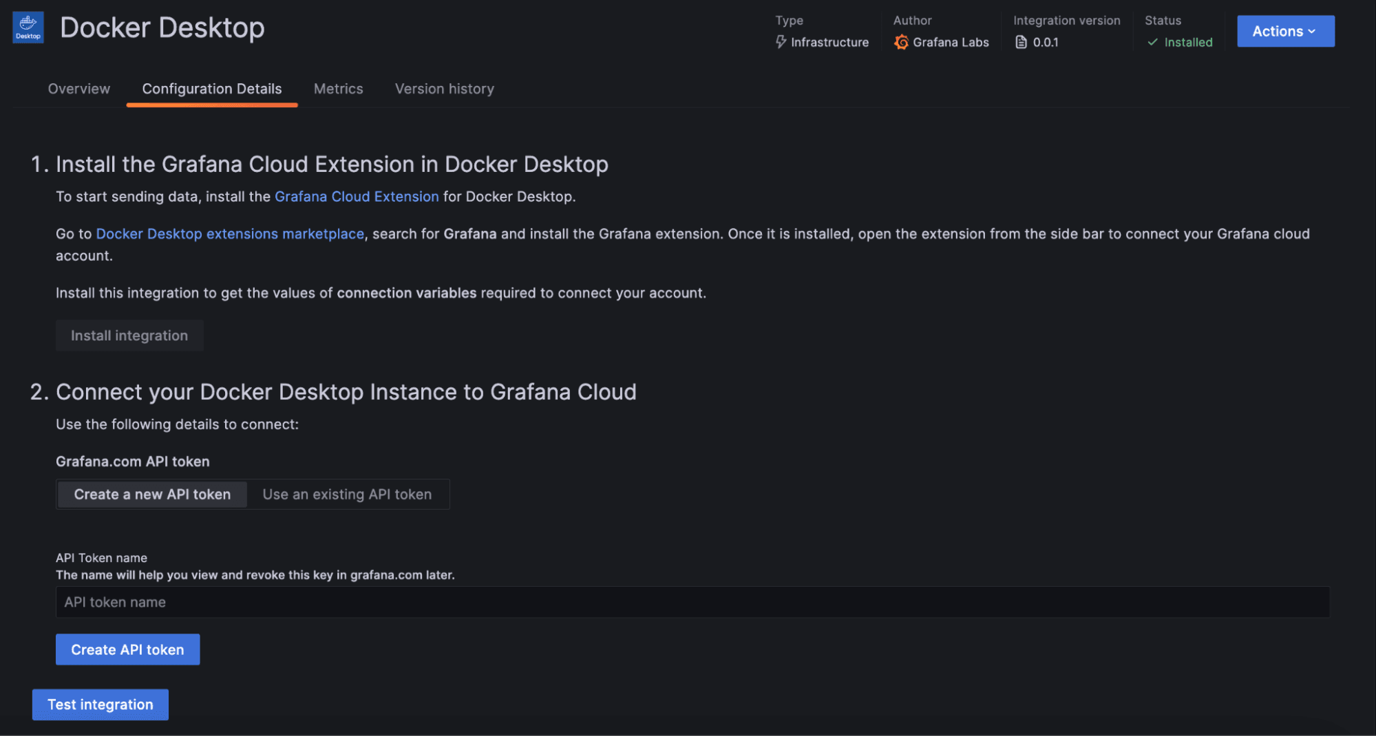 A screenshot of the Configuration Details page for the Docker Desktop integration.