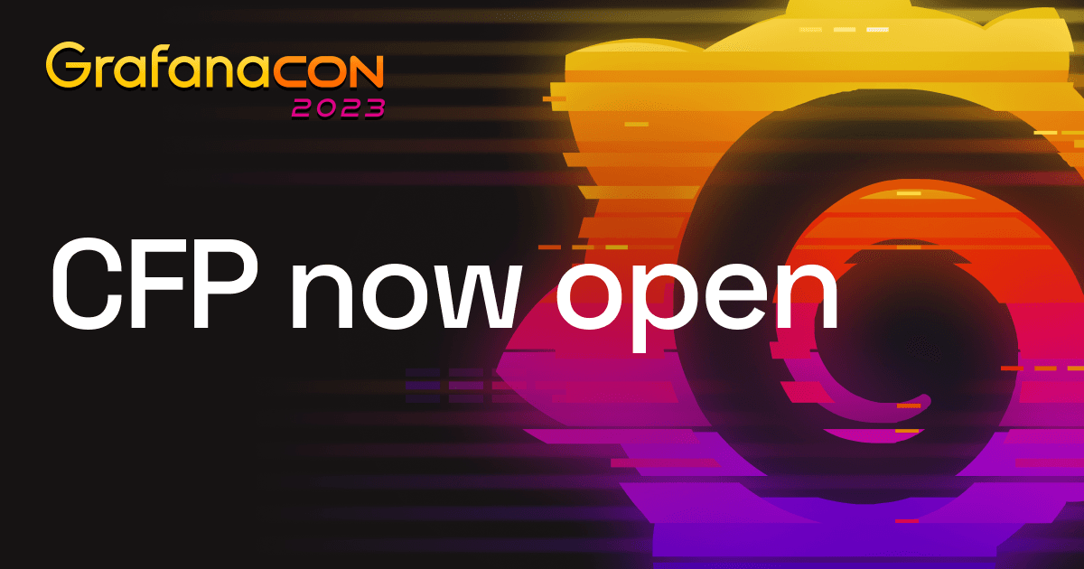 Grafana logo illustration announcing CFP is open for GrafanaCON 2023.