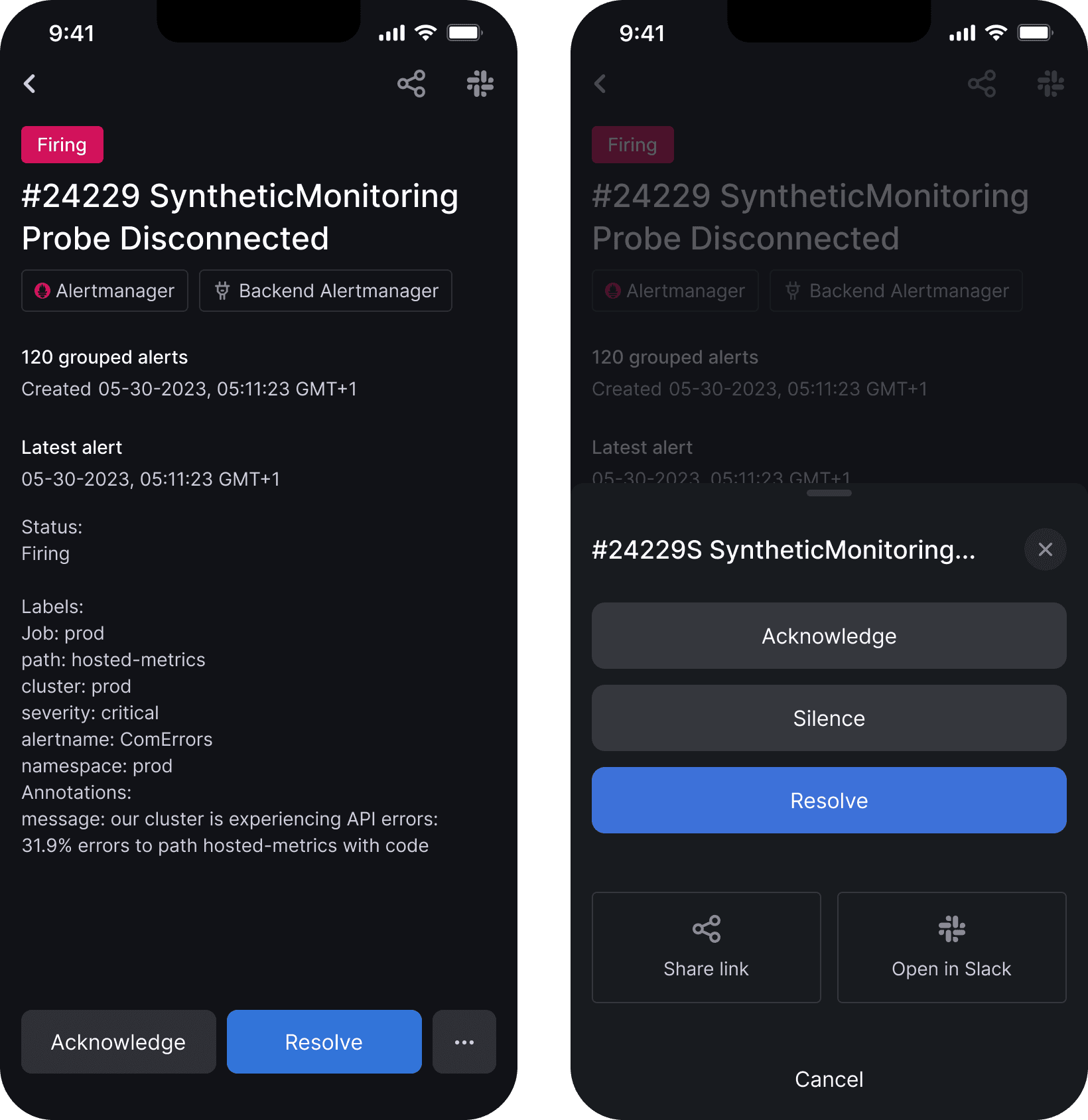 Two screenshots showing how to resolve an alert group in the Grafana OnCall mobile app.