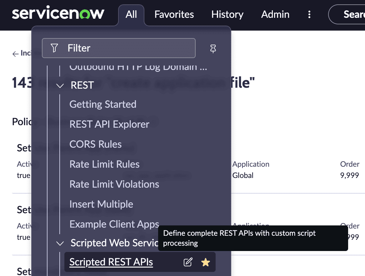 Scripted REST APIs is selected from a dropdown menu in ServiceNow
