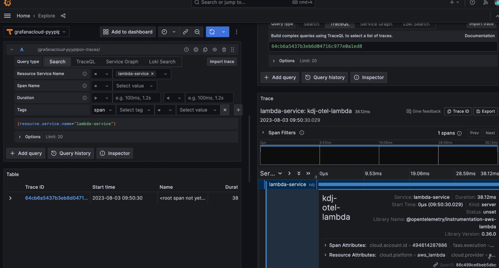 A screenshot of trace created in explore mode in Grafana Cloud