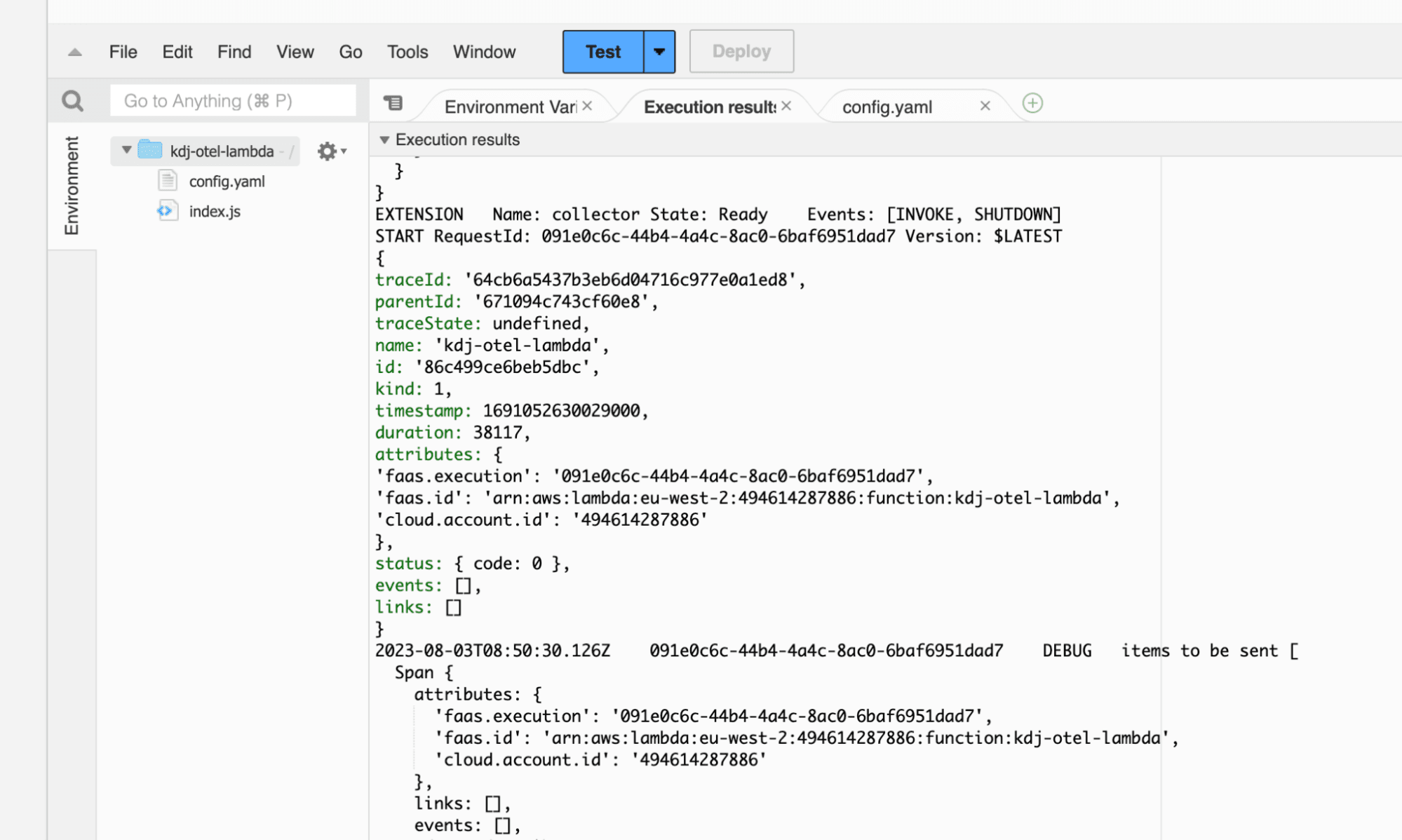 A screenshot of the output of the Lambda function's execution