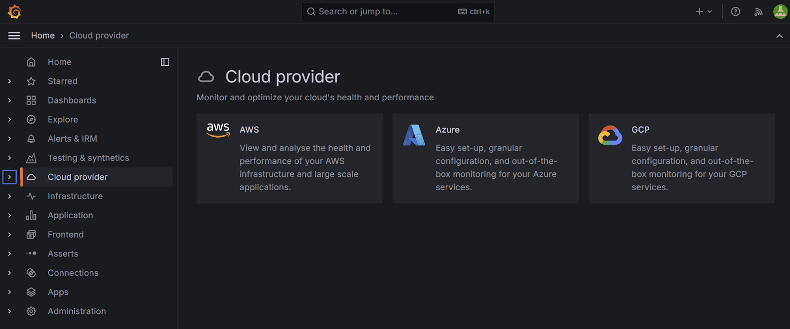 A screenshot of the Cloud Provider Observability app.