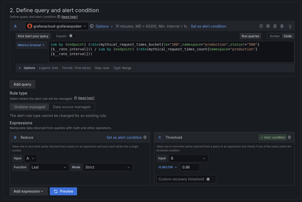 Grafana Alerting UI showing alerting rules setup