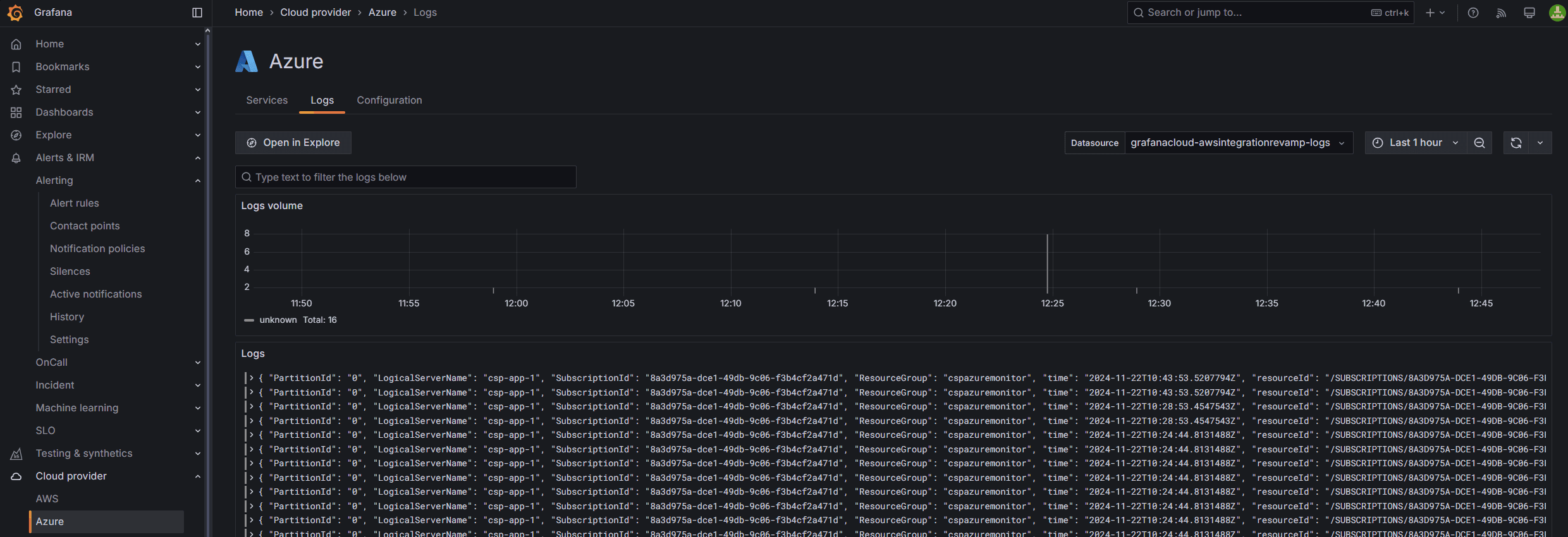 Logs tab in the Azure Observability UI