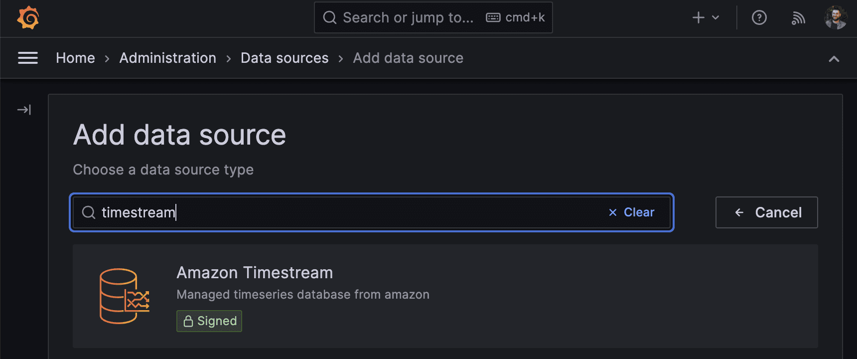 Screenshot of how to add data source in Grafana UI.