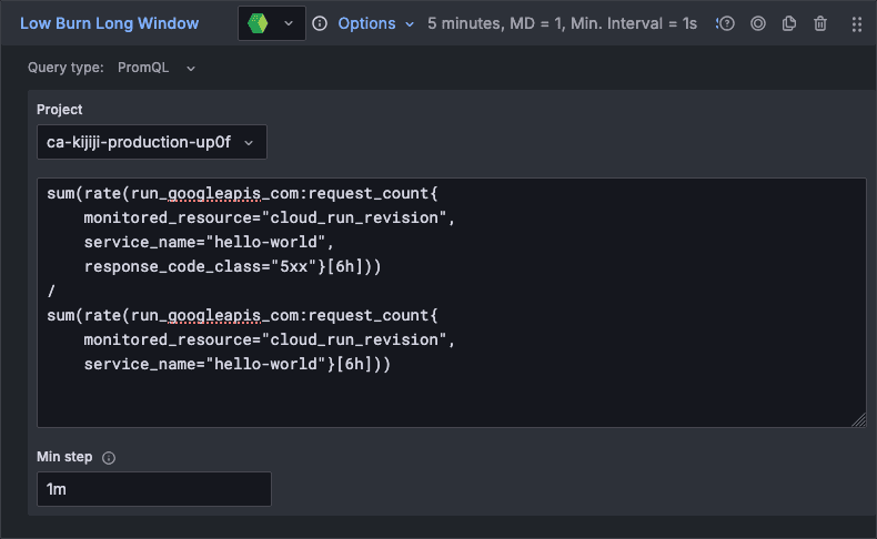 A screenshot of a low burn, long window alert.