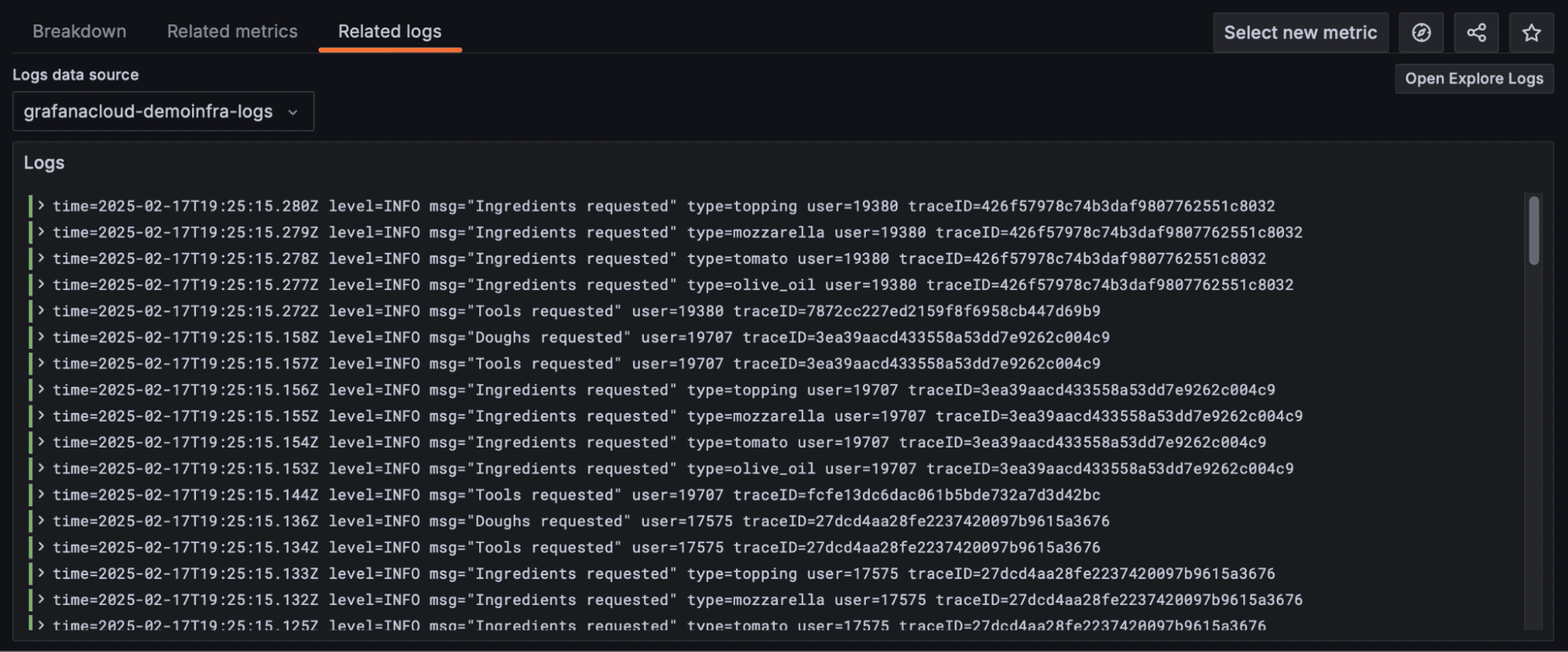 Related logs view in the UI