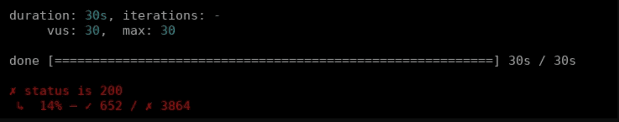 A screenshot showing an error in the load test.