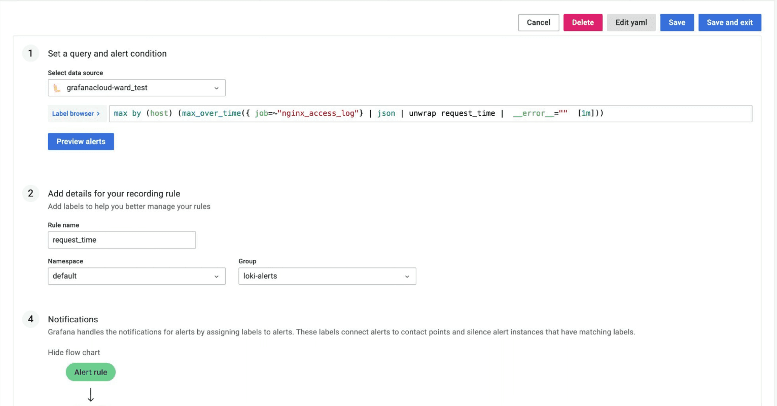 A screenshot shows how you can choose the data source and recording rules in Loki.