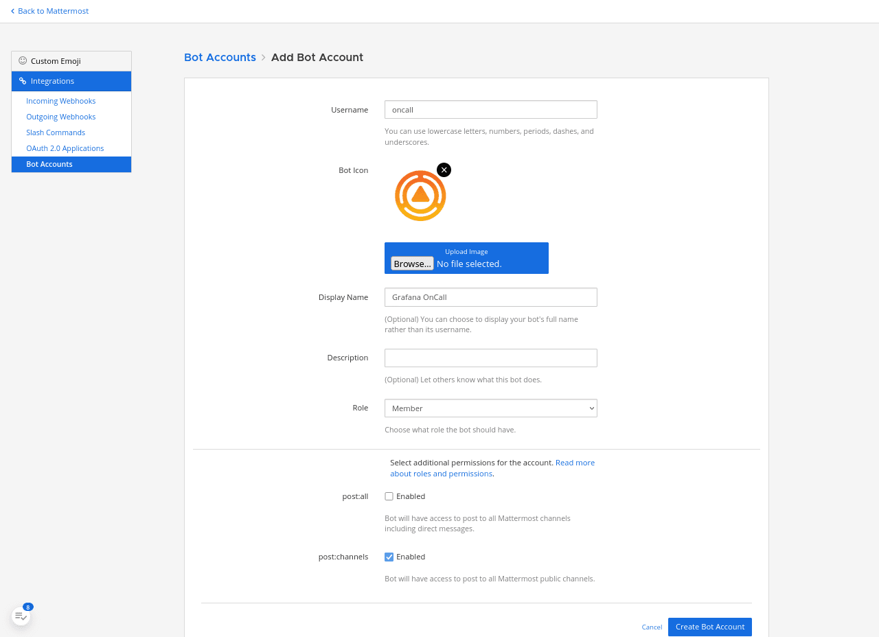 Mattermost integration menu