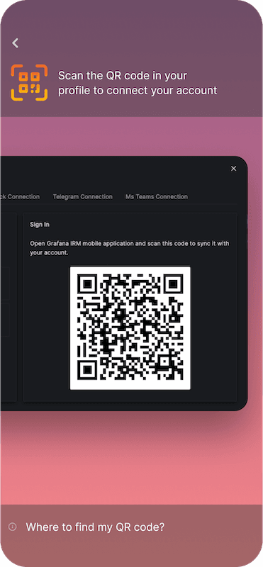 Screenshot of Grafana OnCall mobile app showing QR code for syncing to web app.