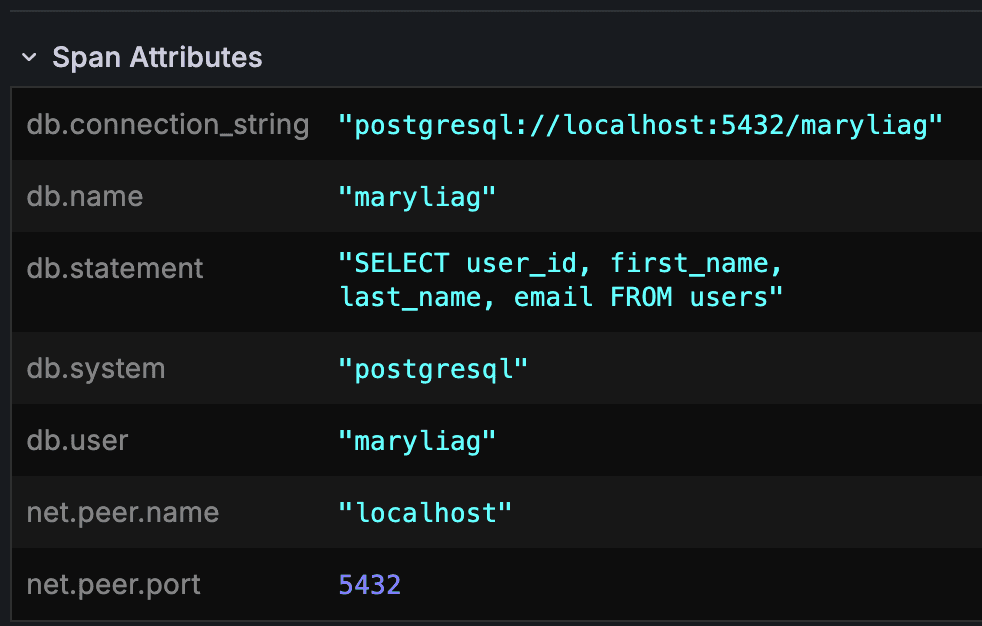 Span attributes listed in the UI