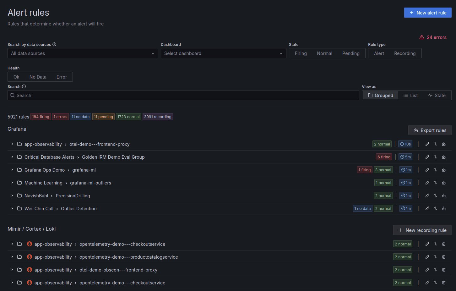 Screenshot of Grafana Alerting UI