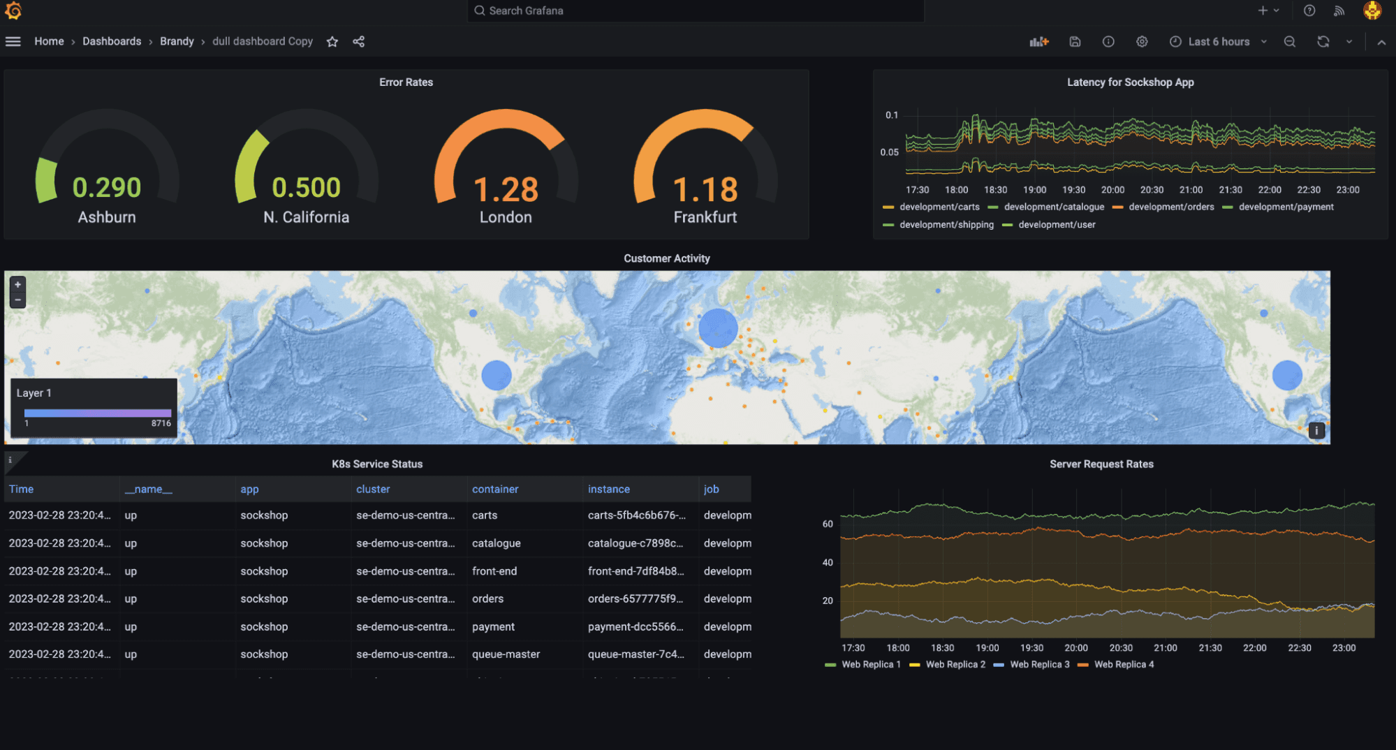 A Grafana dashboard featuring a Geomap.