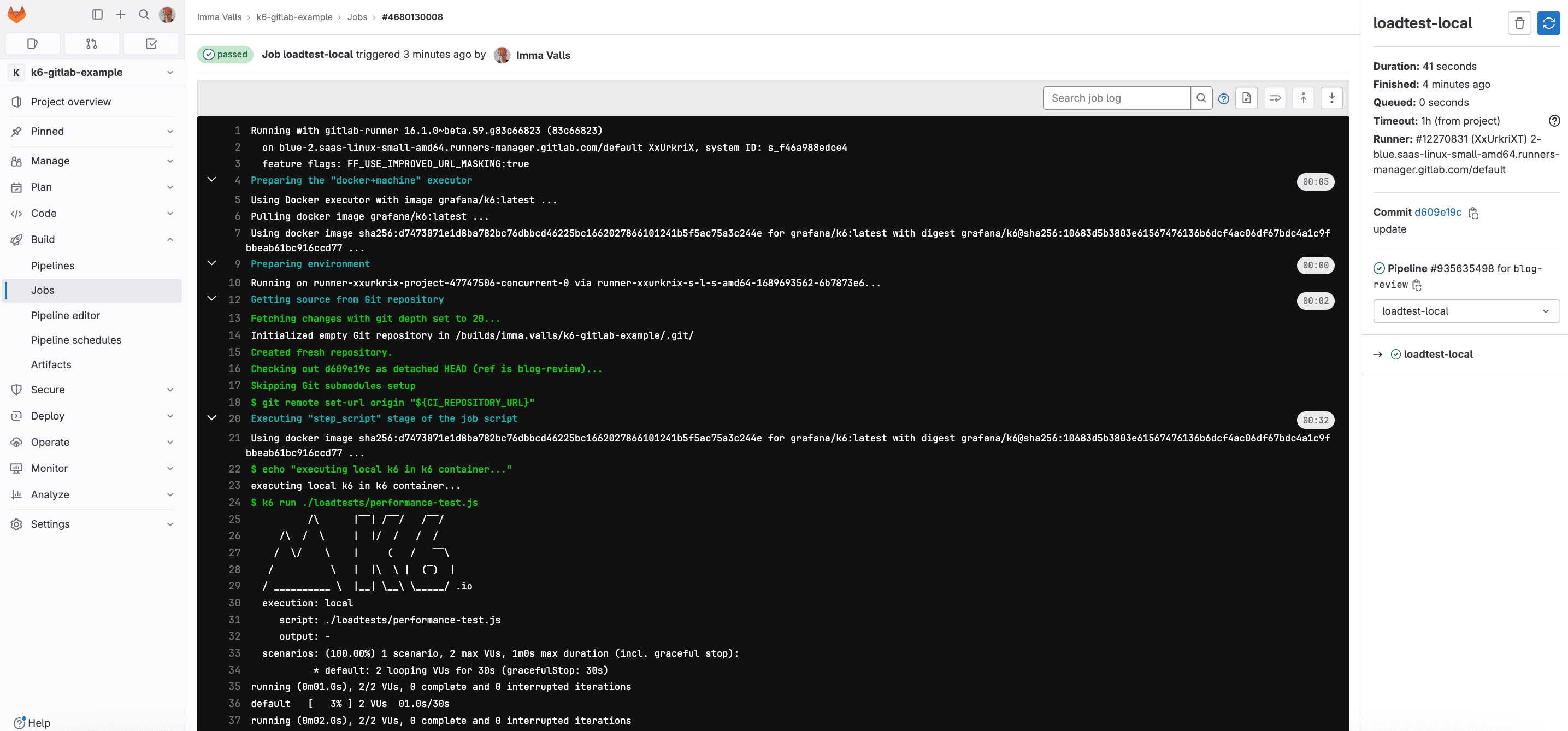 GitLab job running a k6 load test.