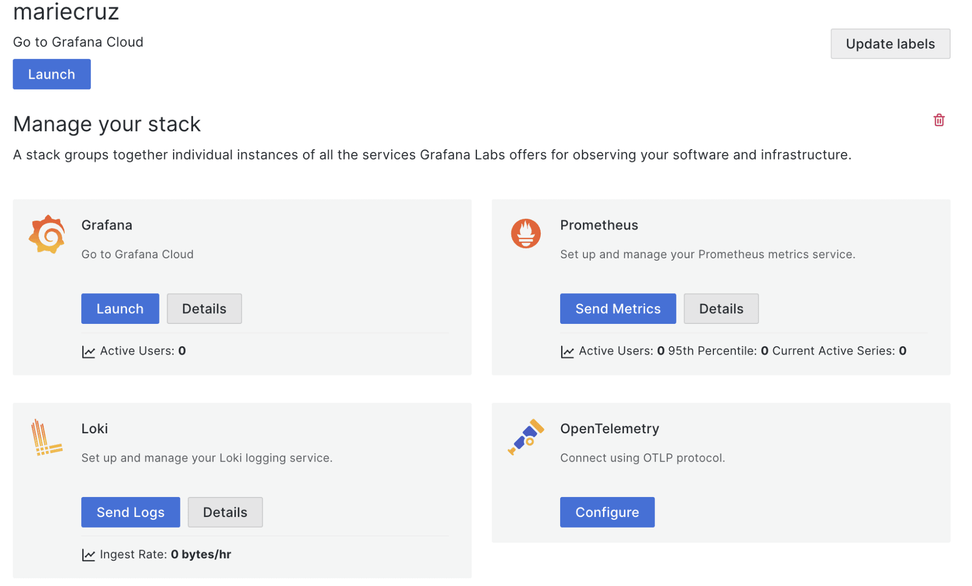 A screenshot of the Grafana Cloud landing page.