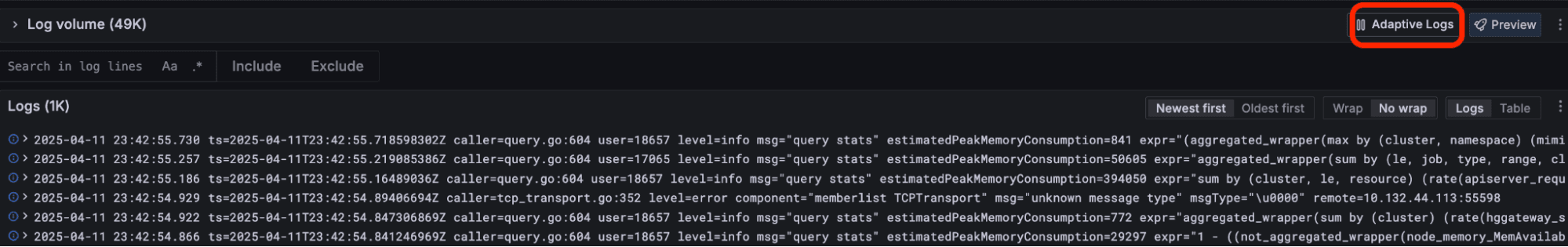 Log volume with the Adaptive Logs button highlighted