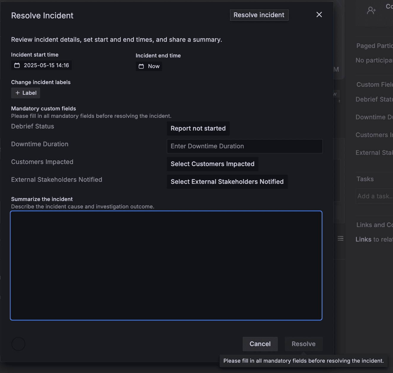 Resolve incident menu, with a text box highlighted to summarize the incident