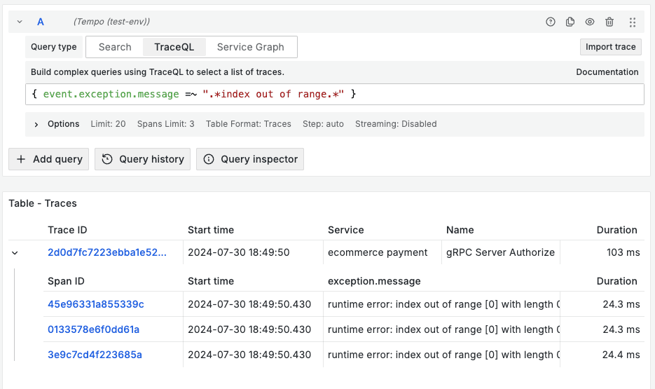 Event attribute query in TraceQL using span events