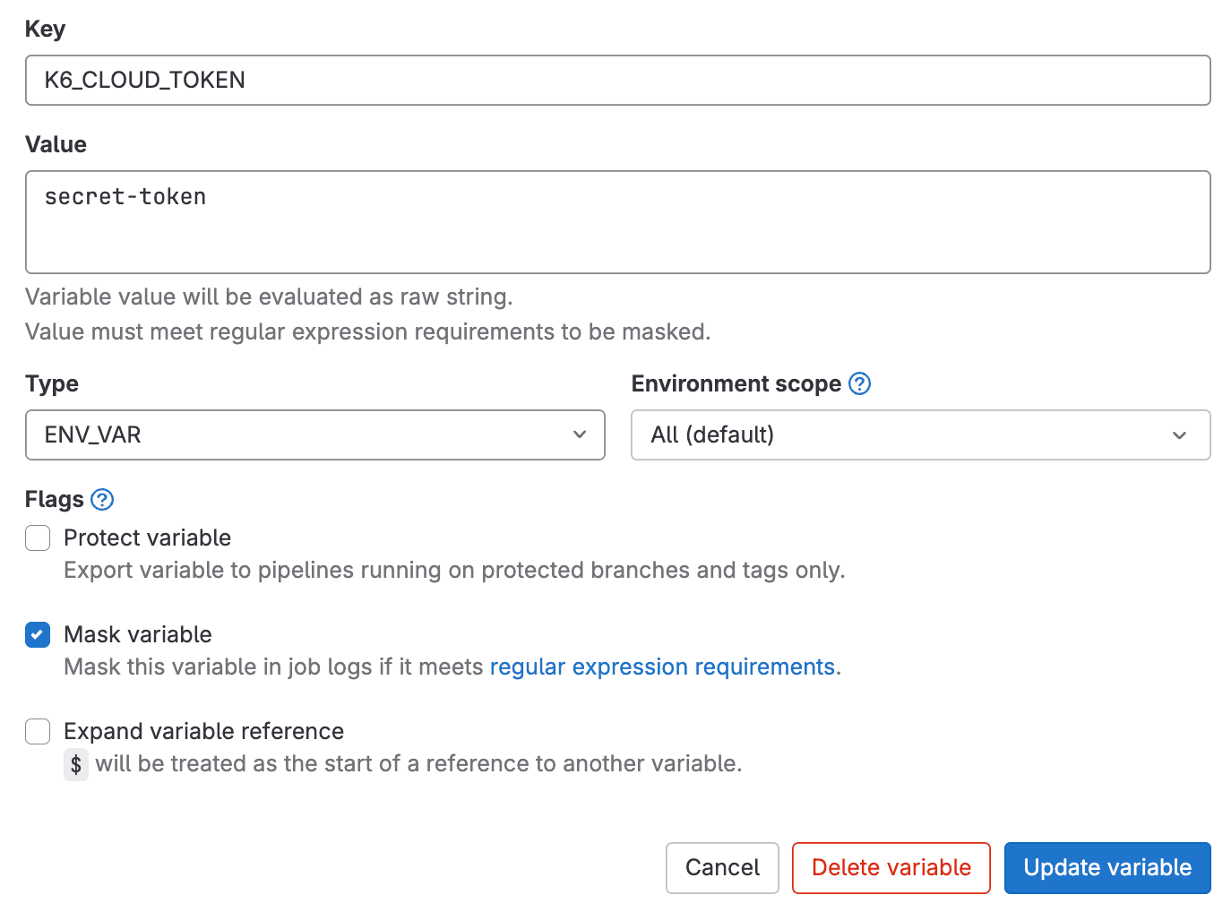 GitLab CICD k6 Cloud Token environment