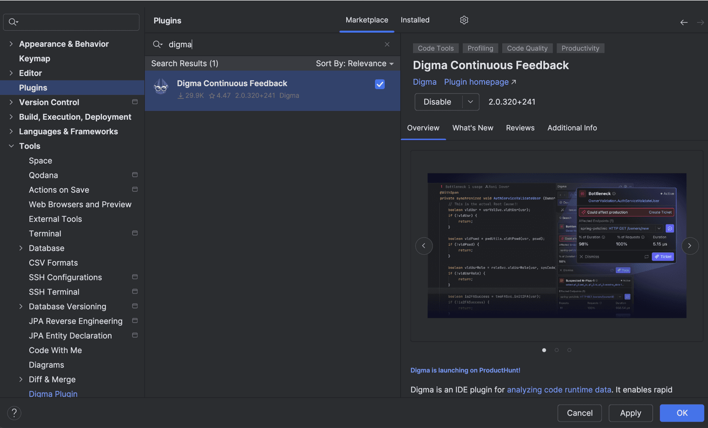 Digma Continuous Feedback plugin in the IntelliJ marketplace