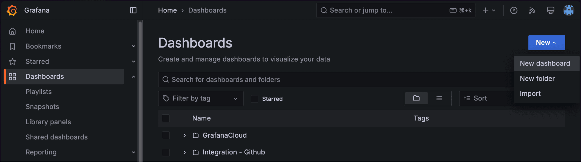 A screenshot showing the New dashboard button.