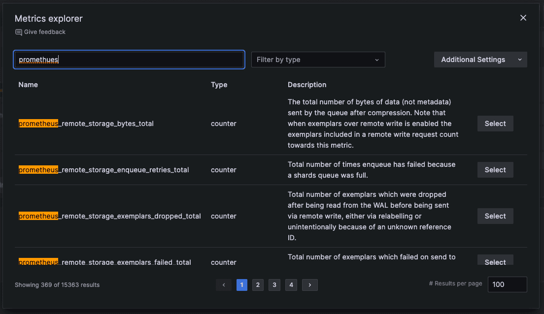 A Grafana menu displays results from a fuzzy search.
