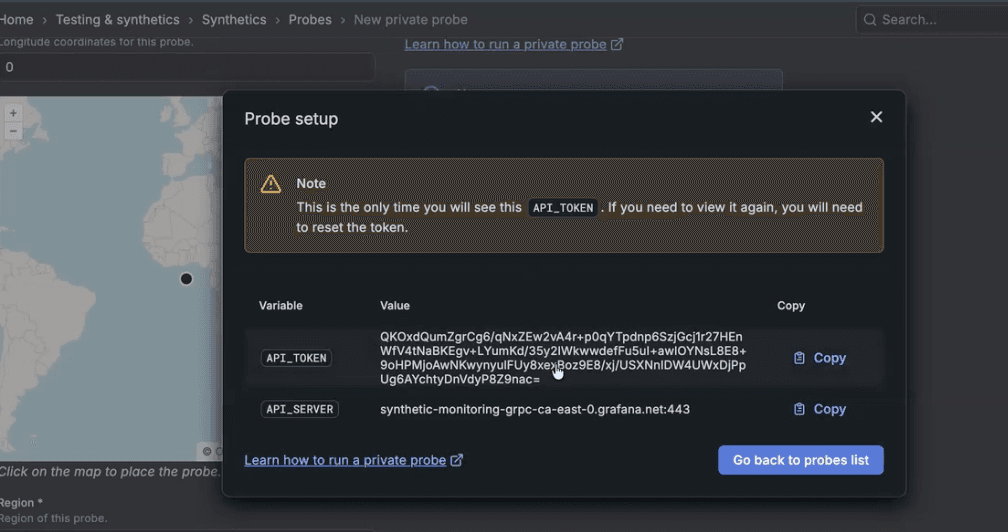 A "Probe setup" dialog box with API token details and options to copy or go back.